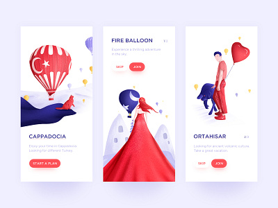 Travel in Turkey app campaign cat dog fire balloon illustration landing page moon onboarding flow star turkey uiue