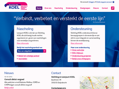 Homepage design - Stichting KOEL active background image big blis blue button clean design homepage interaction interface koel navigation netherlands pay off pink stichting webdesign white