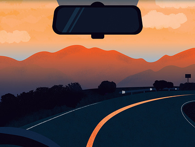 On the road afternoon car gradient illustration mountain orange roadtrip sunset travel vector