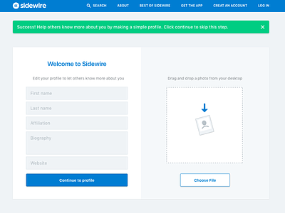 Create an account on Sidewire create account drag and drop form sidewire upload avatar