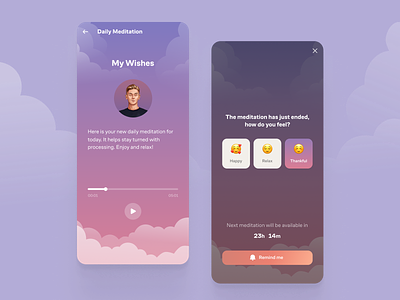 Mental health mobile app app audio chat bot clouds emoji emotions health meditation mobile novellas player psychology relax ui ux wellbeing wellness zen