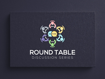 Round table discussion series logo design brainstorming business circle corporate desk group hand management marketing people person room round sitting strategy style team teamwork together work