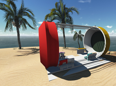 Compartment tube on the beach 3d rendering beach exterior graphic design illustration modelling travelling vacation