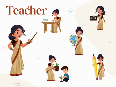 Indian Lady Teacher Character Set cartoon cartoon design character happy illustration indian indian cartoon lady sticker teacher