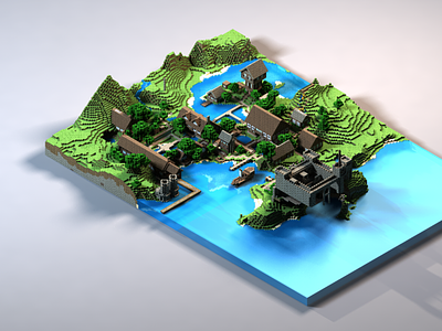 Unfinished Minecraft town 4d block cinema global illumination minecraft realism render stage tiny town unfinished