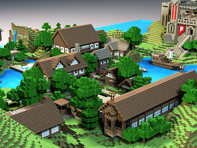 Not-so-isometric town 3d 4d 8 bit blocks bricks castle cinema minecraft pixels realism realistic render town water wood