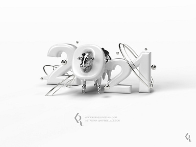 2021 poscard 3d 3d art 3d artist adobedimension cow dailyillustration graphicdesign illustration metal metalic minimal monochrome newyear space white