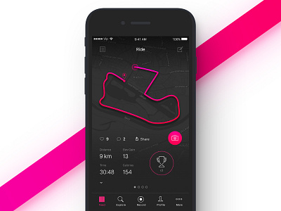 Activity Tracking App / UI Challenge — Week 09 app dark interface iphone magenta map purple ride track tracking ui ux