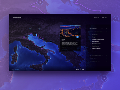 Interactive Travel Planner—UI Weekly Challenges S02 [3/10] app blue dark interface map pin planner purple ride travel ui ux