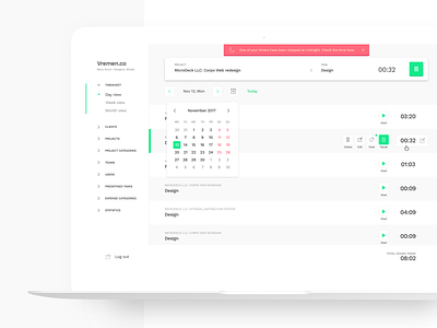 Vremen.co — Time Tracking Tool flat green light pink product design time tracking typography ui ux white