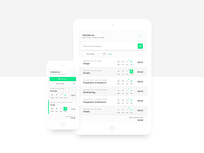 Vremen.co — Time Tracking Tool: Mobile/Tablet design flat green light pink product time tracking typography ui ux white
