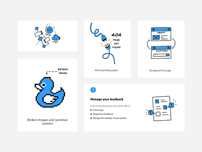 Custom illustrations for the Visual Debug website 404 adobe xd blue bug cards components custom debug design drawing feedback graphic design illustration infographics procreate ui