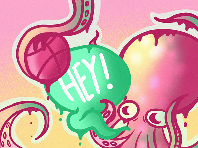 Hey Dribbble I am here! animal cartoon colorful comedy digital art drawing dribble invite funny illustration octopus procreate shot