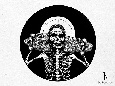 Longboarder black blackwork illustration linework longboard skeleton skull tattoo