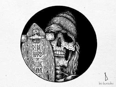 Longboarder. Ride Hard or Ride Home black blackwork engraving illustration linework longboard skeleton skull tattoo