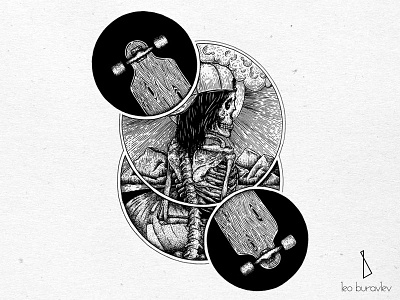 Longboarder black blackwork engraving illustration linework longboard skeleton skull tattoo