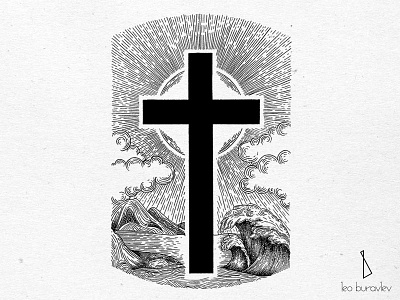 Cross black blackwork cross engraving illustration linework sea sun tattoo wave