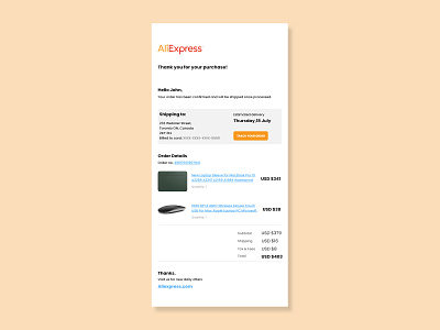 DailyUI #17 Purchase Email receipt Redesign for Aliexpress aliexpress designer e commerce email email receipt purchase order template ux ui