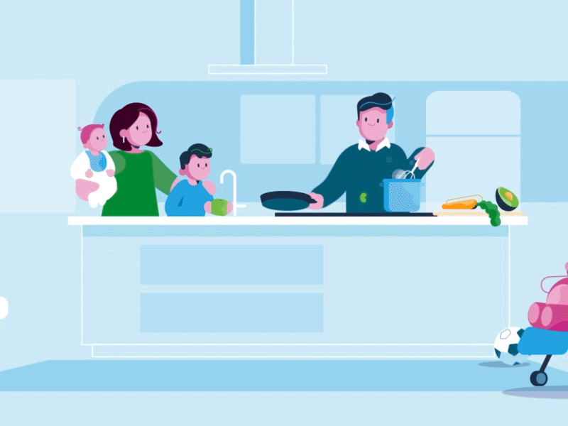 cooking with family 2d animation after effects character design explainer family father food health illustration kids kitchen lifestyle motion design transition vector