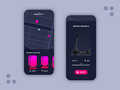 Electric Scooter Rental android app application clean concept dark ui design interface ios minimal mobile rental app translucent ui ux vibrant visual design