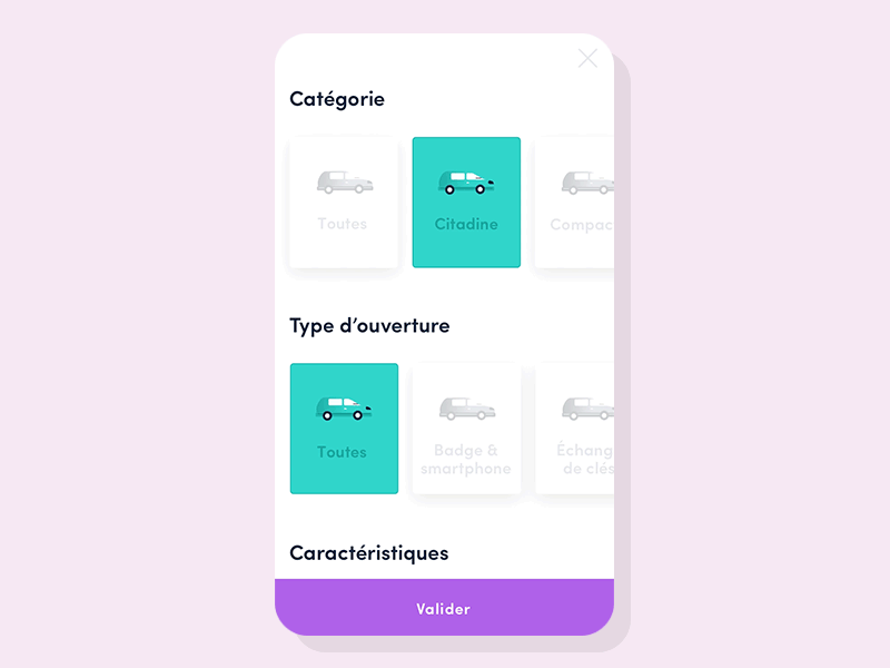 Filters prototype animation app card carsharing filters mobile principle prototype search tile