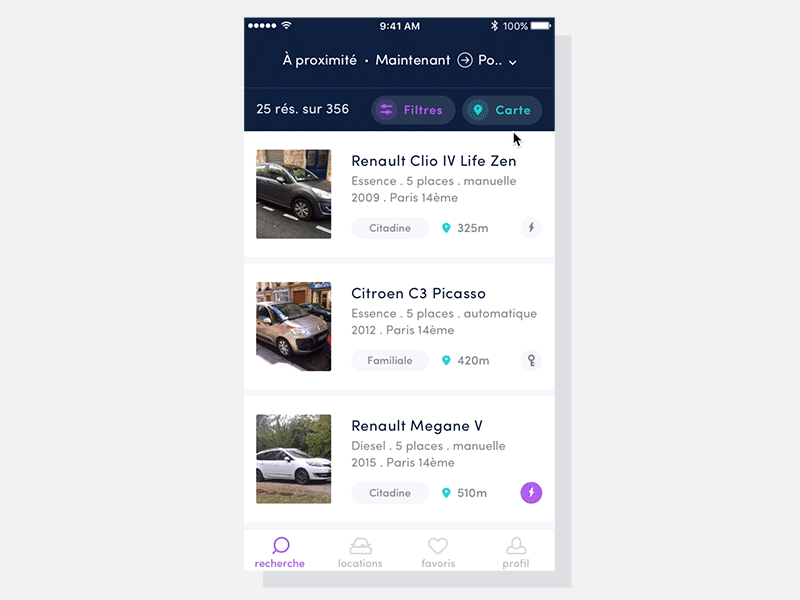 Search prototype animation carsharing filters ios list map mobile prototype search transit ux