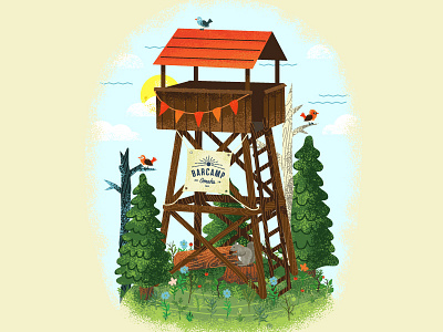 Barcamp Lookout Tower barcamp birds flowers illustration illustrator nature outdoors texture tower trees wood