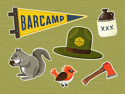 Barcamp Cutouts axe barcamp hat illustration illustrator moonshine omaha outdoors pennant squirrel