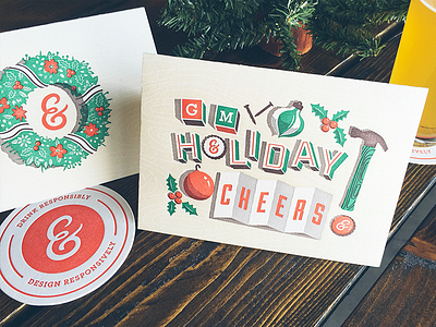 Grain & Mortar Letterpress Holiday Card ampersand beer coaster design grain and mortar hammer holiday card illustration letterpress mistletoe wood wreath