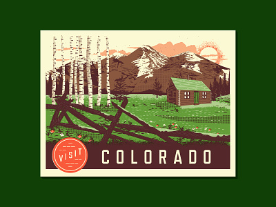 Colorado Postcard WIP birch cabin colorado halftone mountain pine postcard texture vintage woods