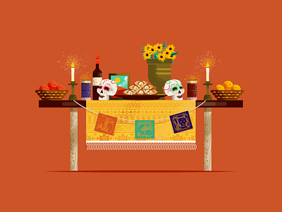 Day of the Dead - Ofrenda candle day of the dead flowers fruit ofrenda skeleton skull table texture vase wine wood