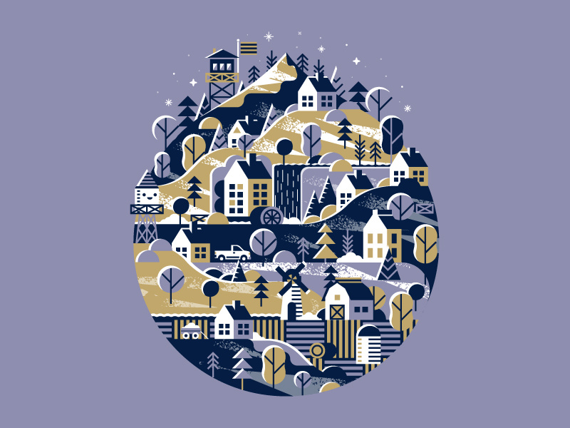 Snowy Mountain Town mill barn windmill building house trees water tower waterfall hill hillside winter snow