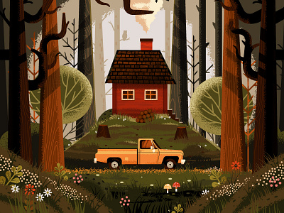 Up in the Woods cabin flowers foliage forest mushroom nature outdoor owl pickup plants trees truck