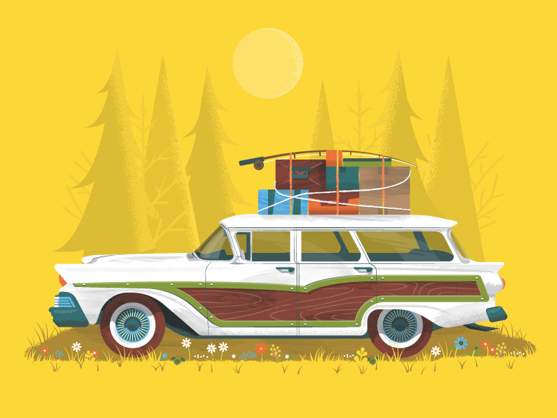 Get Lost flowers vehicle car trees forest mid century modern retro fishing pole fishing travel luggage wagon