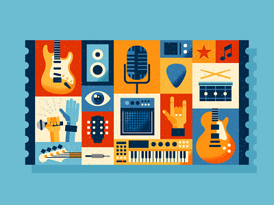 Intel - Ticket App Illustration amp bass concert drums guitar keyboard microphone music neck pedal song