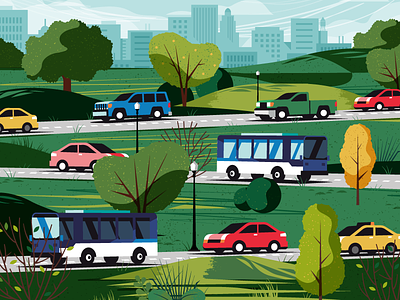 City Streets bus car city cityscape hill infrastructure road skyline street tree truck