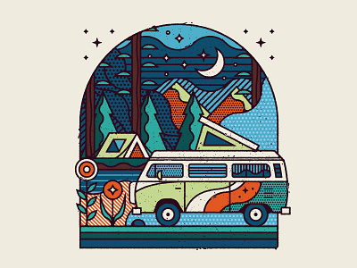 Into the Mountains badge camping moon mountains night outdoors sky star tent tree van vw