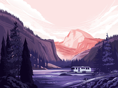 Fast Company - Autocamp Illustration airstream clouds flower landscape mountain nature outdoors outside print tree valley