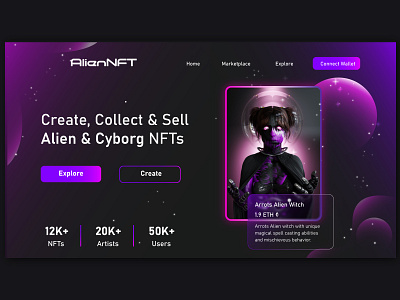 AlienNFT marketplace header design header landingpage ui ux visualdesign webdesign