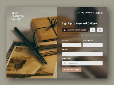 Page for registration in the Postcards Gallery! branding design figma page signup ui ux