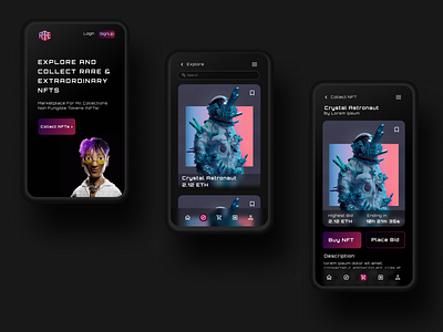 RARE App: All 3 screens branding design illustration mobile mockup nft ui ux