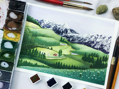 One day in Switzerland Dream aquarelle artwork illustration art landscape painting watercolor