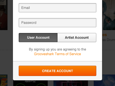 Updating Grooveshark Sign Up Process button create account email grooveshark input password segmented sign up