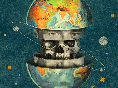 The universe is watching. blue collage earth face illustration planet portrair skull space stars universe world