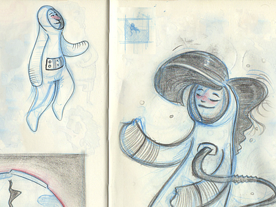 Some Space People Sketches character character design floating girl illustration moon sketch space spacegirl spaceman