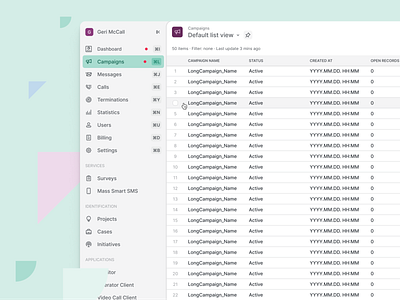 A list page with data table functionalities