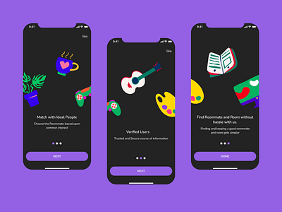 Flatmate App - Onboarding Screens animation app design illustration motion graphics ui ux