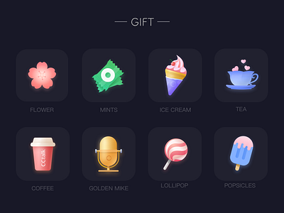 The gift iocn on black background black candy coffee colorful flower gift golden mike gradient ice cream icon live tea