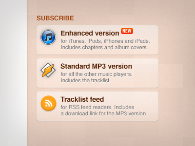 Subscribe buttons icons matt p music podcast orange texture web