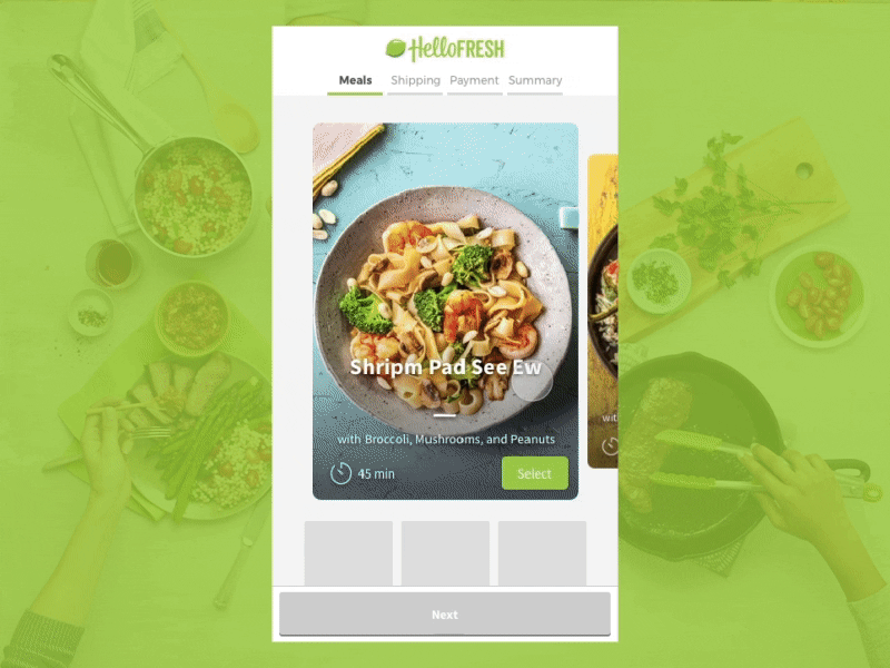 Meals Selection at Hellofresh checkout flow food meals principle prototype select sketch